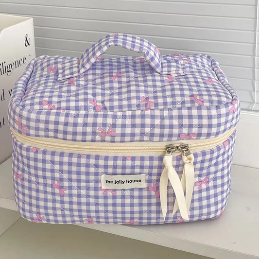 Check & Bow Printed Soft Cosmetic Travel Bag (Purple)
