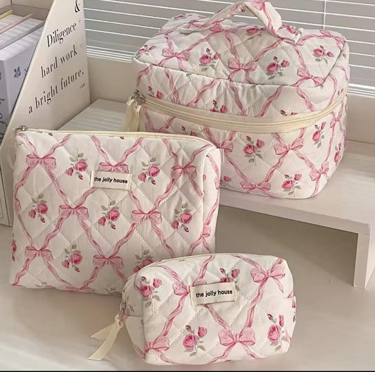 All Over Bow & Flower Printed Travel Cosmetic Travel Bag pink and white set of 3