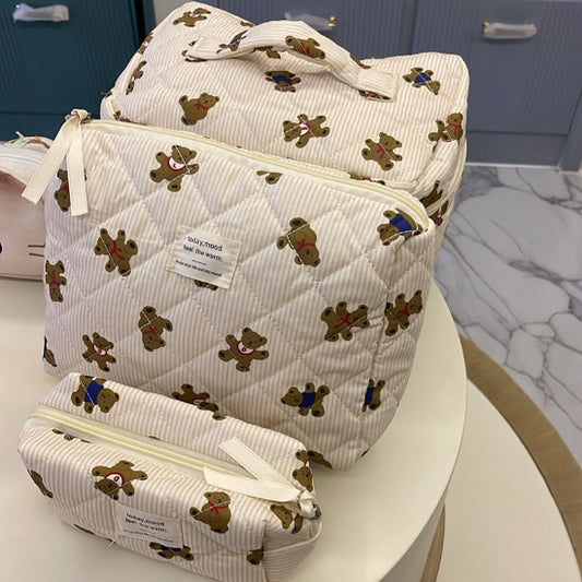 All Over Bear Printed Travel Cosmetic Travel Bag white set of 3