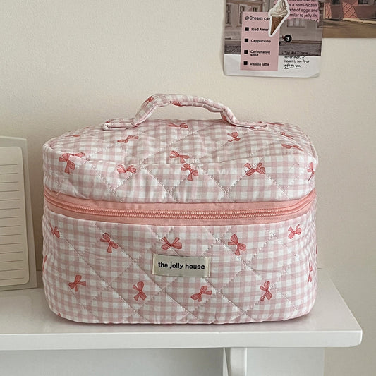 Check & Bow Printed Soft Cosmetic Travel Bag (Pink)