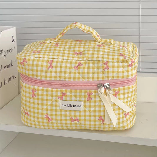 Check & Bow Printed Soft Cosmetic Travel Bag (Yellow)